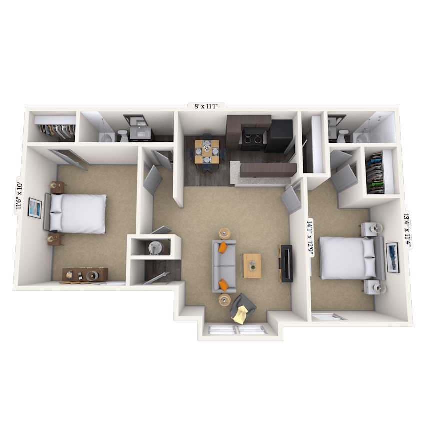 Floor plan for 2 beds, 2 baths, 900 sqft