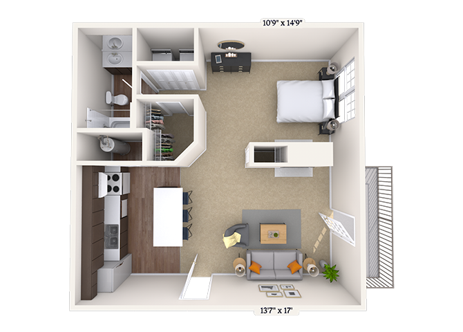 Floor plan for 1 bed, 1 bath, 750 sqft
