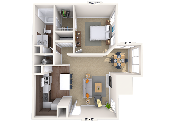 Floor plan for 1 bed, 1 bath, 900 sqft
