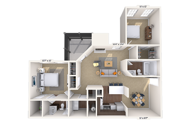 Floor plan for 2 beds, 2 baths, 1175 sqft