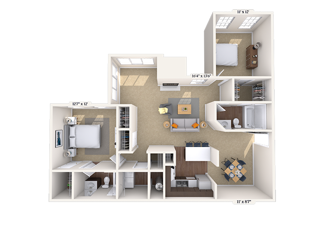 Floor plan for 2 beds, 2 baths, 1200 sqft