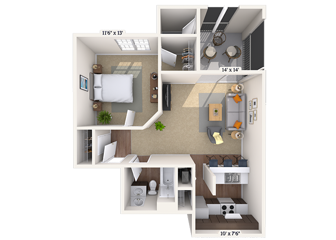 Floor plan for 1 bed, 1 bath, 712 sqft