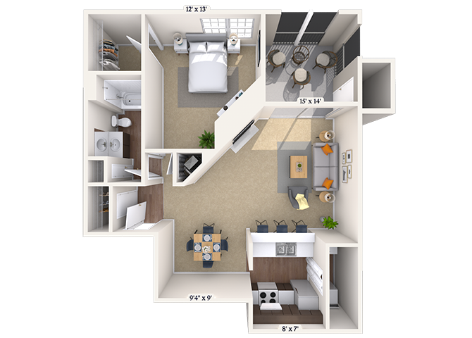 Floor plan for 1 bed, 1 bath, 824 sqft