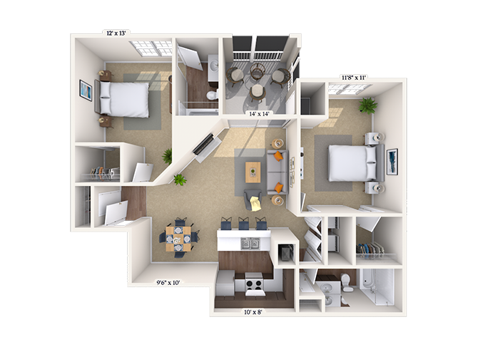 Floor plan for 2 beds, 2 baths, 1140 sqft