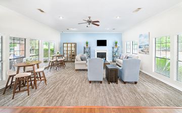 Goose Creek apartment for rent - a living room with couches and chairs and a table and a fireplace