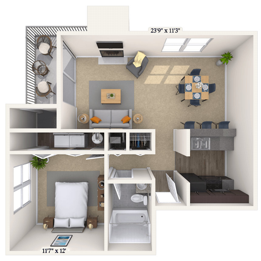 Floor plan for 1 bed, 1 bath, 700 sqft