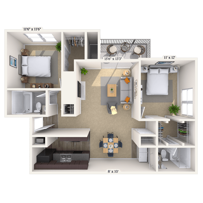 Floor plan for 2 beds, 2 baths, 1030 sqft