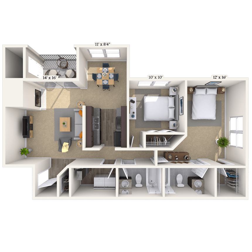 Floor plan for 2 beds, 2 baths, 1010 sqft