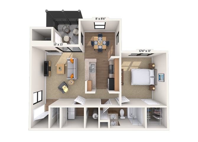 Floor plan for 1 bed, 1 bath, 694 sqft