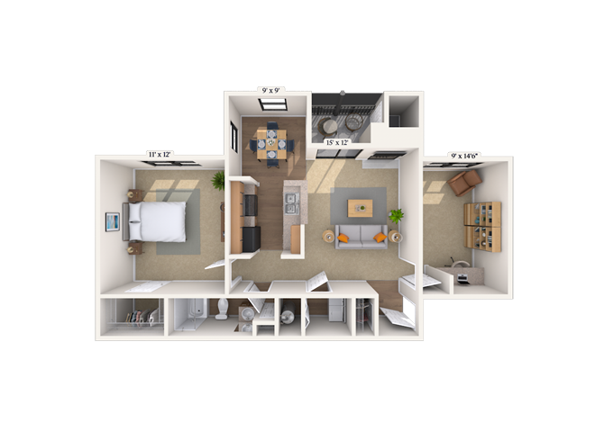Floor plan for 1 bed, 1 bath, 826 sqft