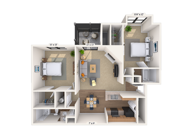 Floor plan for 2 beds, 2 baths, 927 sqft