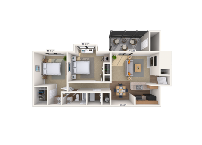 Floor plan for 2 beds, 1 bath, 865 sqft