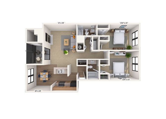 Floor plan for 2 beds, 2 baths, 1018 sqft