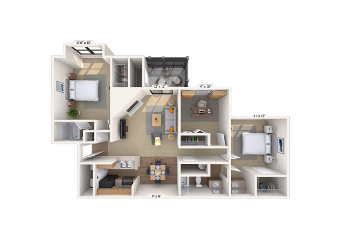Floor plan for 2 beds, 2 baths, 1087 sqft