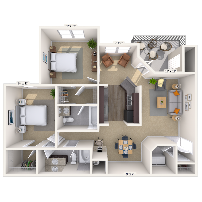 Floor plan for 2 beds, 2 baths, 1192 sqft