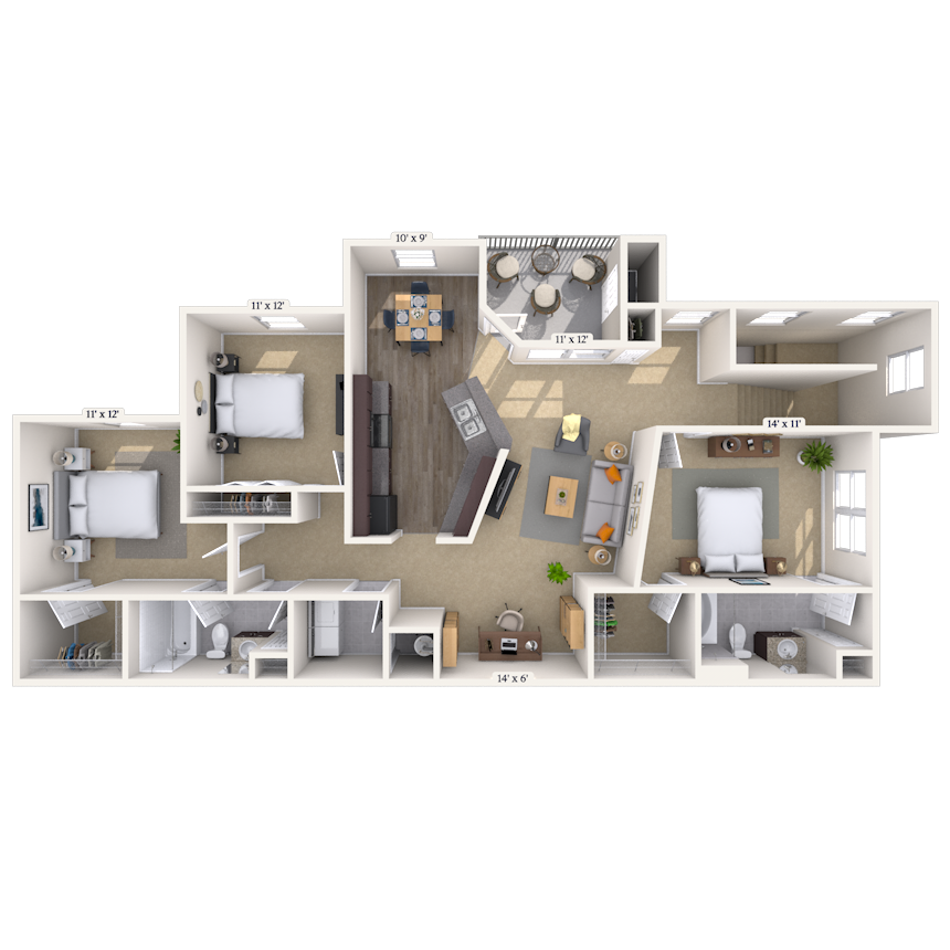 Floor plan for 3 beds, 2 baths, 1430 sqft