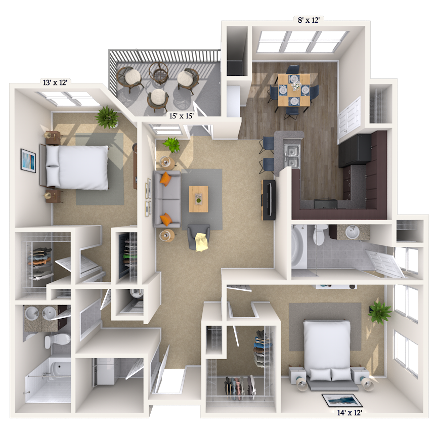 Floor plan for 2 beds, 2 baths, 1227 sqft