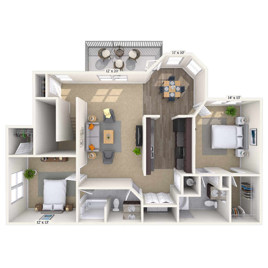 Floor plan for 2 beds, 2 baths, 1275 sqft