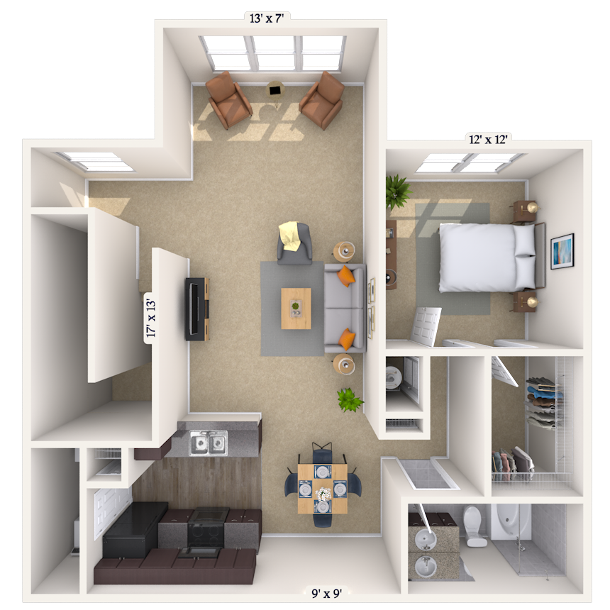Floor plan for 1 bed, 1 bath, 866 sqft