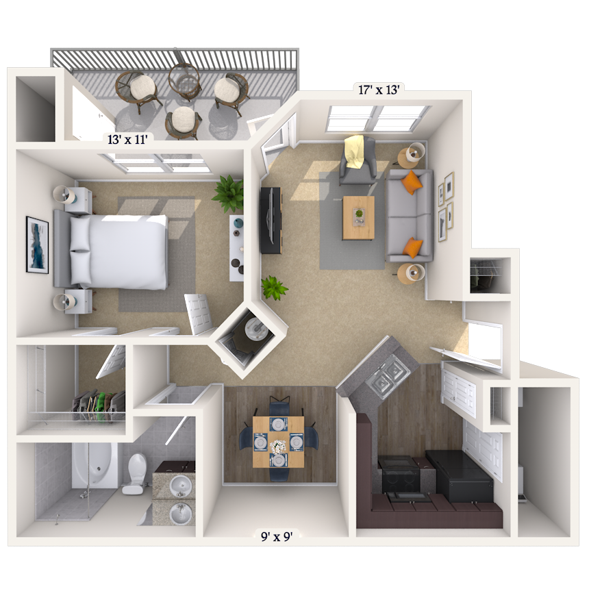 Floor plan for 1 bed, 1 bath, 696 sqft