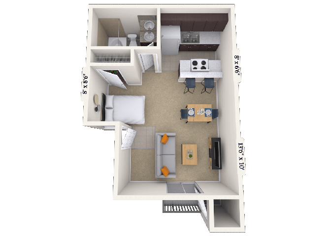 Floor plan for studio, 1 bath, 500 sqft