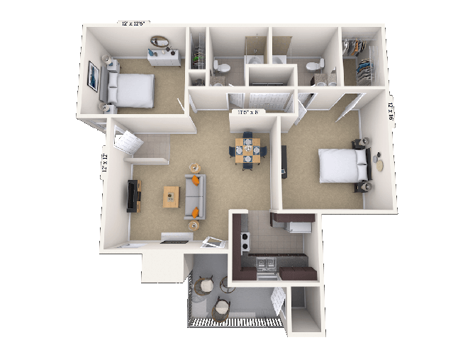 Floor plan for 2 beds, 2 baths, 1150 sqft