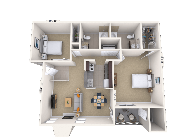 Floor plan for 2 beds, 2 baths, 1050 sqft
