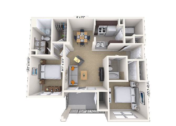 Floor plan for 2 beds, 2 baths, 1100 sqft