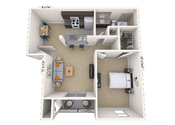 Floor plan for 1 bed, 1 bath, 685 sqft