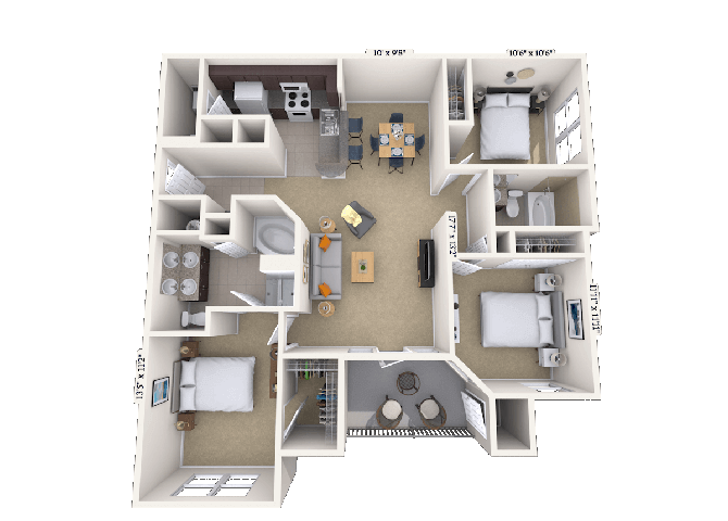 Floor plan for 3 beds, 2 baths, 1350 sqft