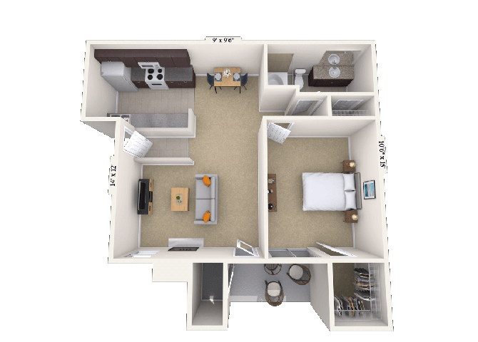 Floor plan for 1 bed, 1 bath, 800 sqft
