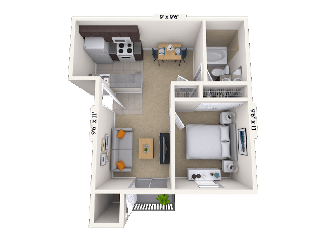 Floor plan for 1 bed, 1 bath, 575 sqft