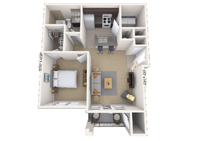 Floor plan for 1 bed, 1 bath, 625 sqft