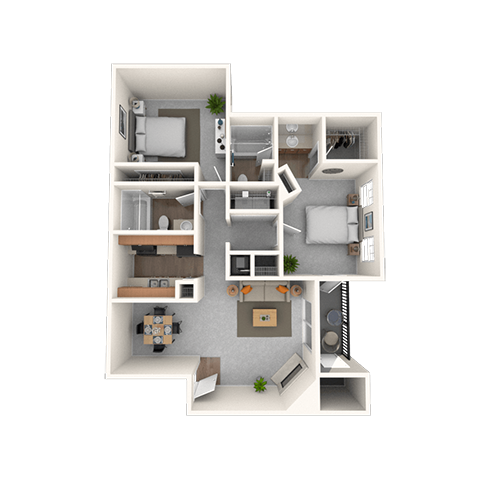 Floor plan for 2 beds, 2 baths, 1050 sqft