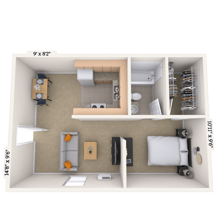 Floor plan for 1 bed, 1 bath, 600 sqft
