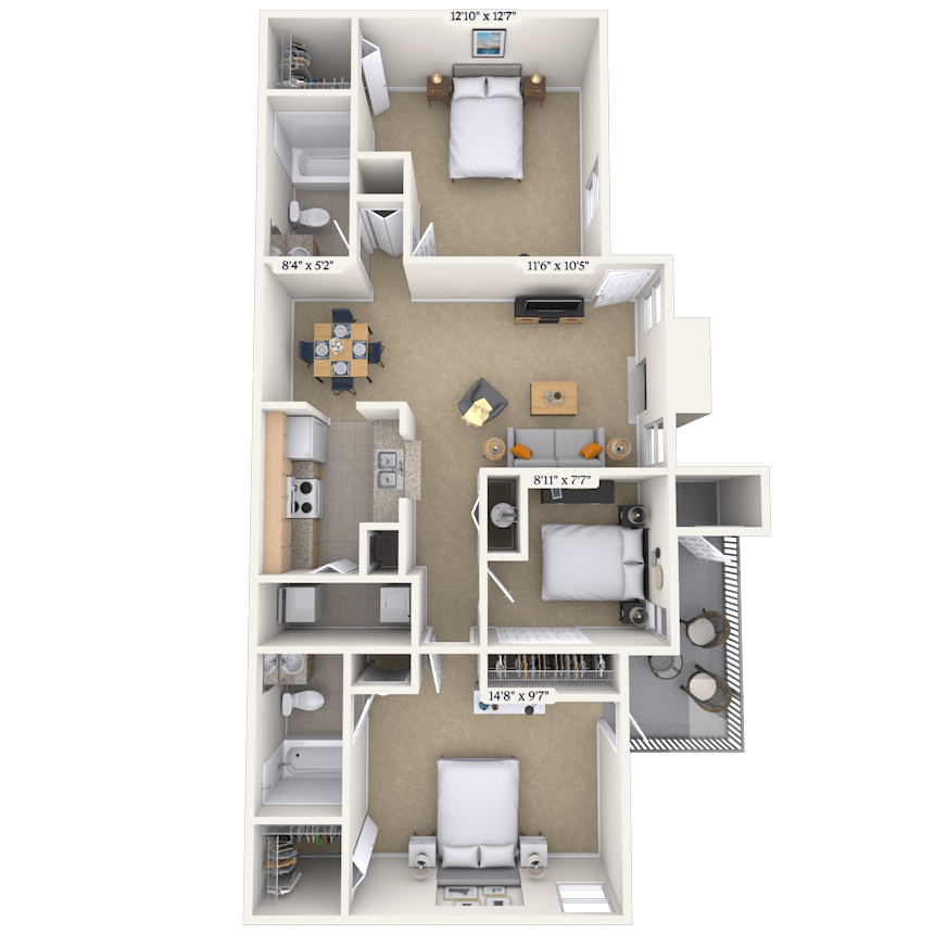 Floor plan for 3 beds, 2 baths, 1100 sqft
