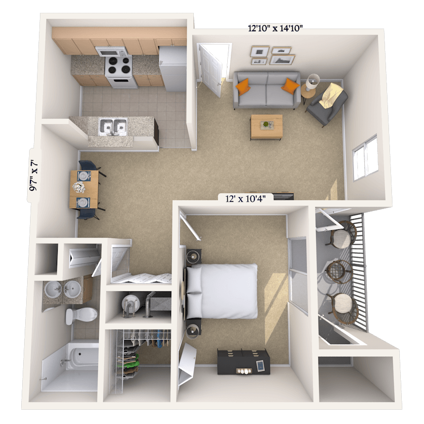 Floor plan for 1 bed, 1 bath, 700 sqft