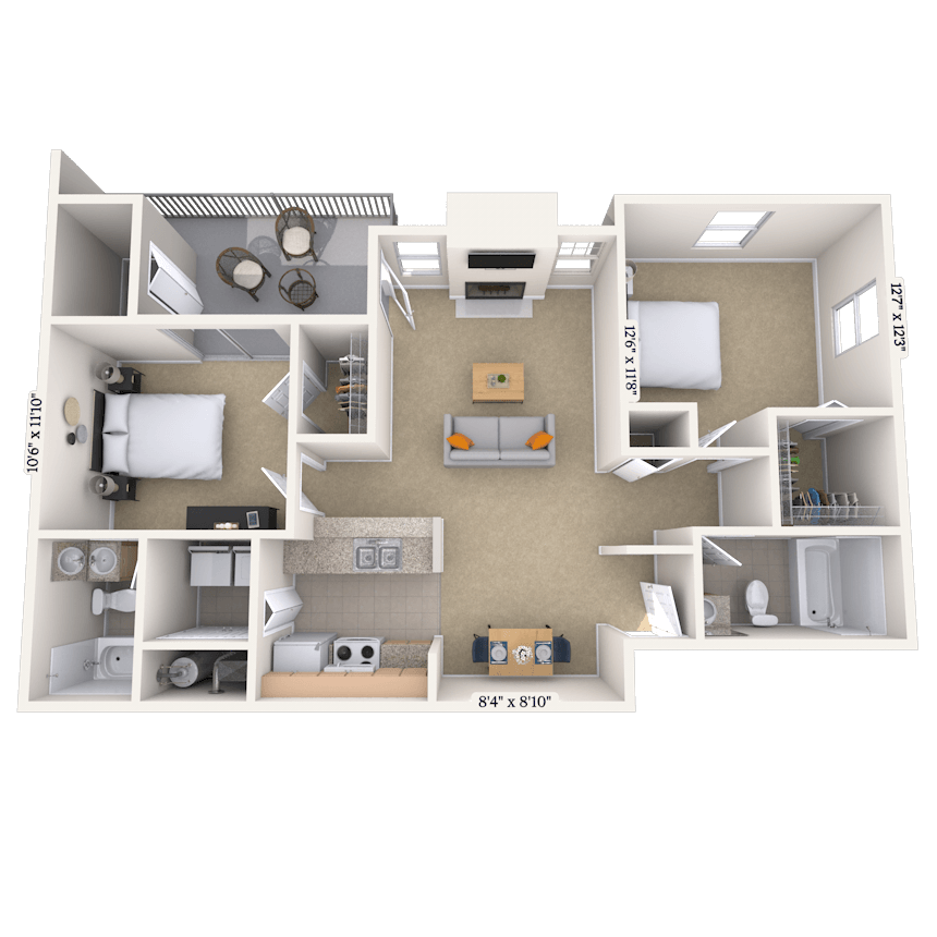 Floor plan for 2 beds, 2 baths, 1000 sqft