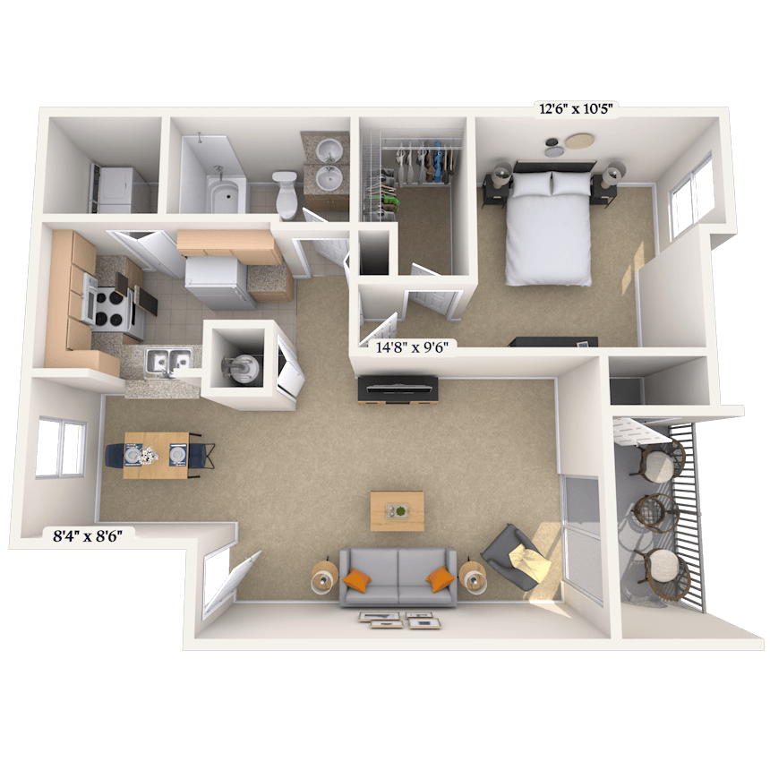 Floor plan for 1 bed, 1 bath, 800 sqft
