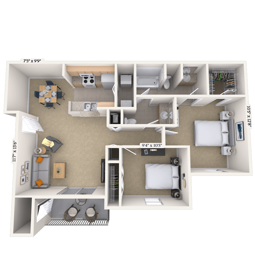 Floor plan for 2 beds, 1.5 baths, 980 sqft