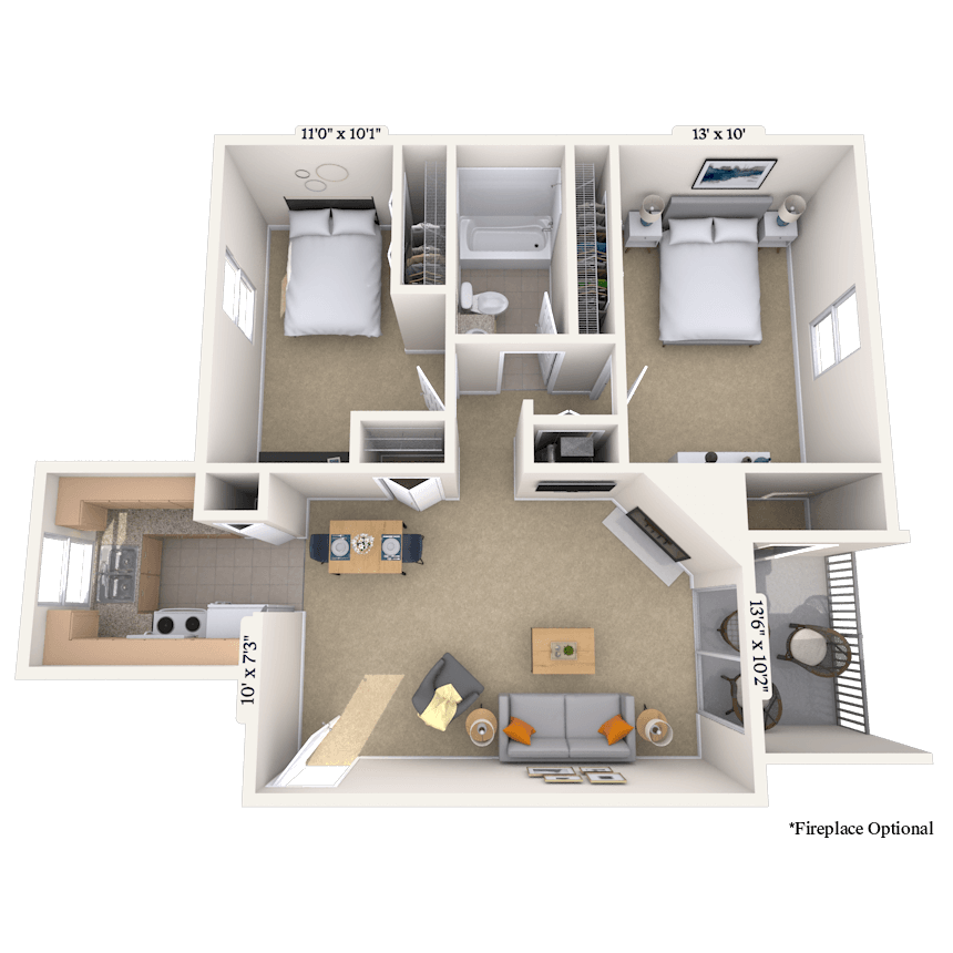 Floor plan for 2 beds, 1 bath, 960 sqft