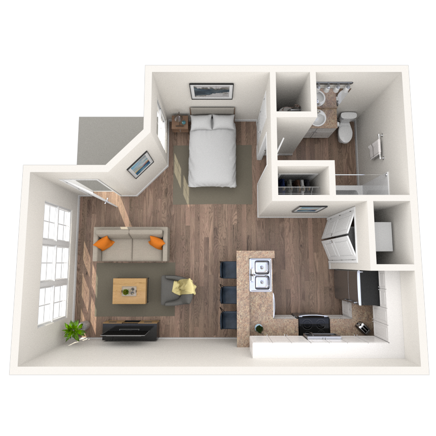 Floor plan for 1 bed, 1 bath, 578 sqft