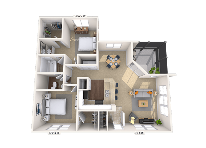 Floor plan for 2 beds, 1 bath, 1138 sqft