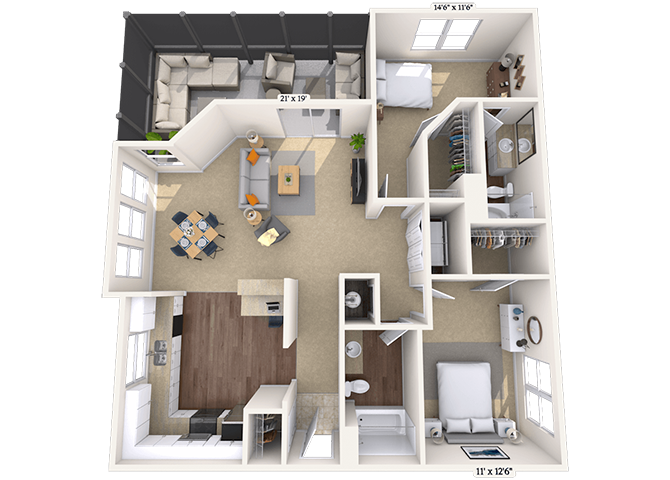 Floor plan for 2 beds, 2 baths, 1320 sqft