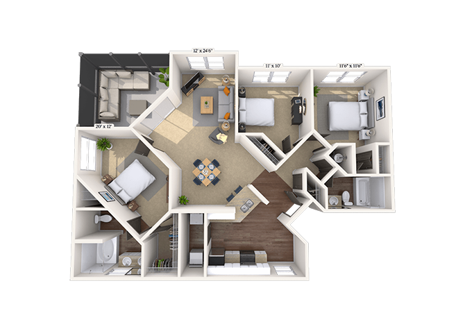 Floor plan for 3 beds, 2 baths, 1534 sqft