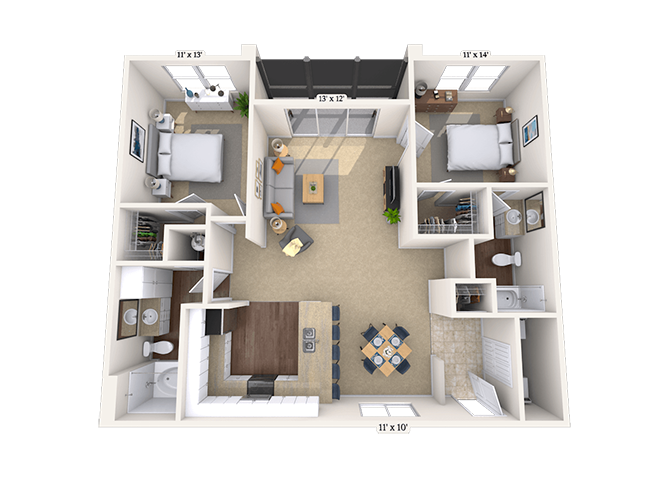 Floor plan for 2 beds, 2 baths, 1142 sqft
