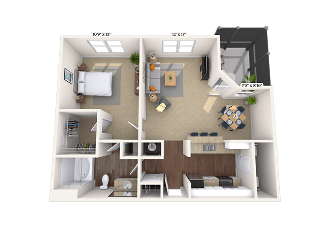 Floor plan for 1 bed, 1 bath, 851 sqft
