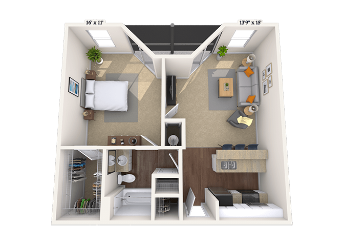 Floor plan for 1 bed, 1 bath, 667 sqft