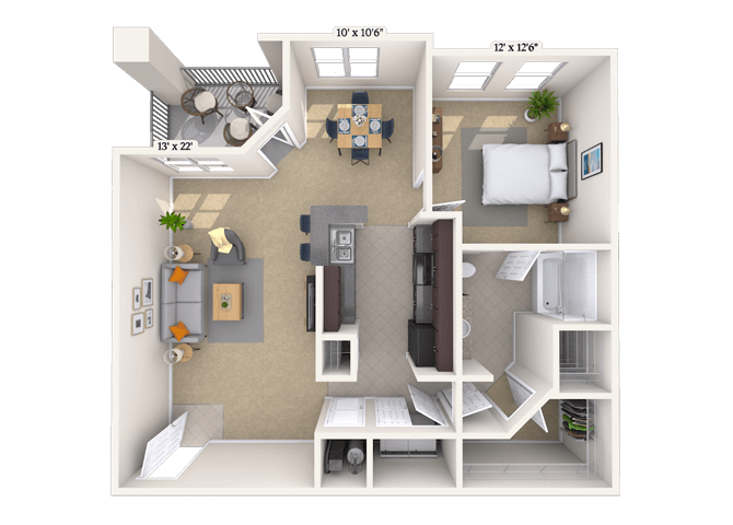 Floor plan for 1 bed, 1 bath, 993 sqft