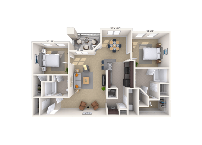 Floor plan for 2 beds, 2 baths, 1365 sqft